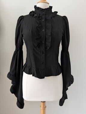 Romwe black blouse 3/4 bell sleeves jabot ruffled collar SMALL victorian goth